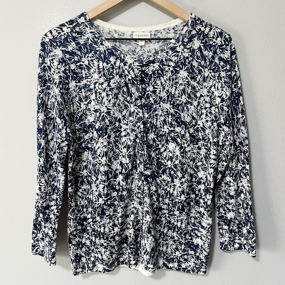 Garnet Hill Navy Blue Ivory Floral 100% Wool Cardigan Sweater Size Large Coastal